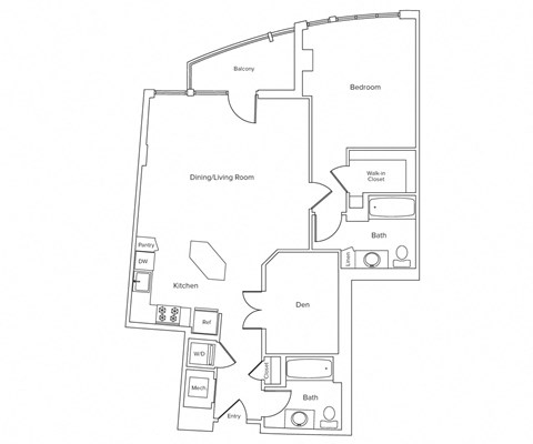 Floor plan for 1 bed, 1 bath, 997 sqft